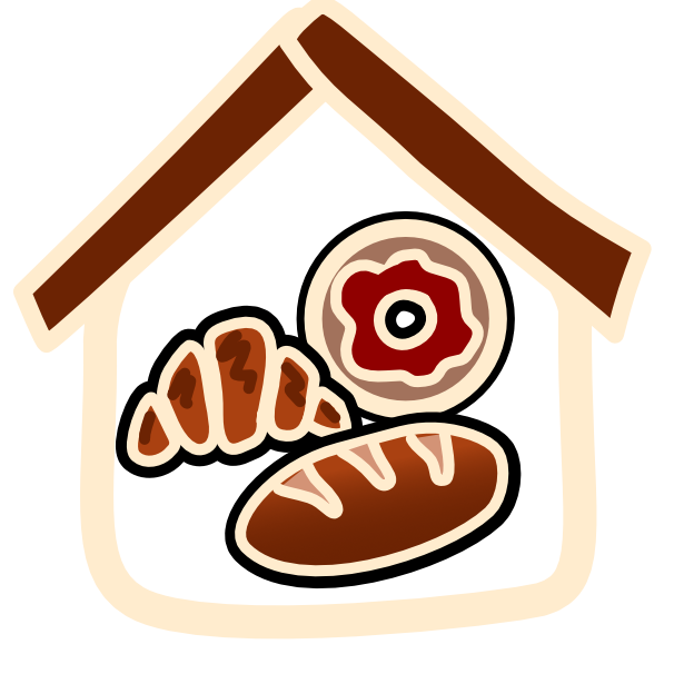 3 bakery items sit in a house-shaped frame. The house outline is an off white color, the roof is brown. Inside the house and nestled together are 3 bakery items. They are,  a croissant, a donut with white frosting, and a loaf of bread. The image has light line art.